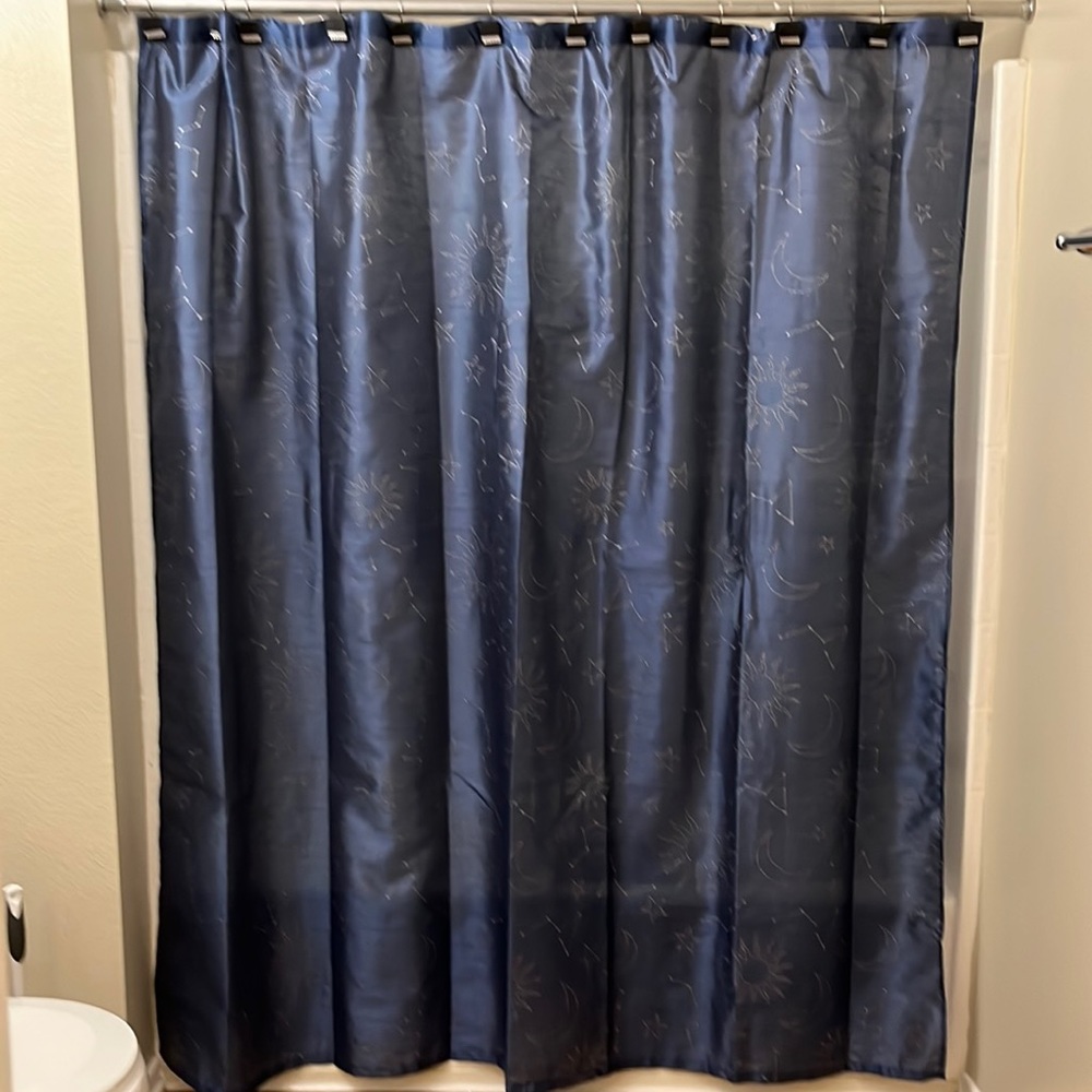 Navy celestial shower curtain